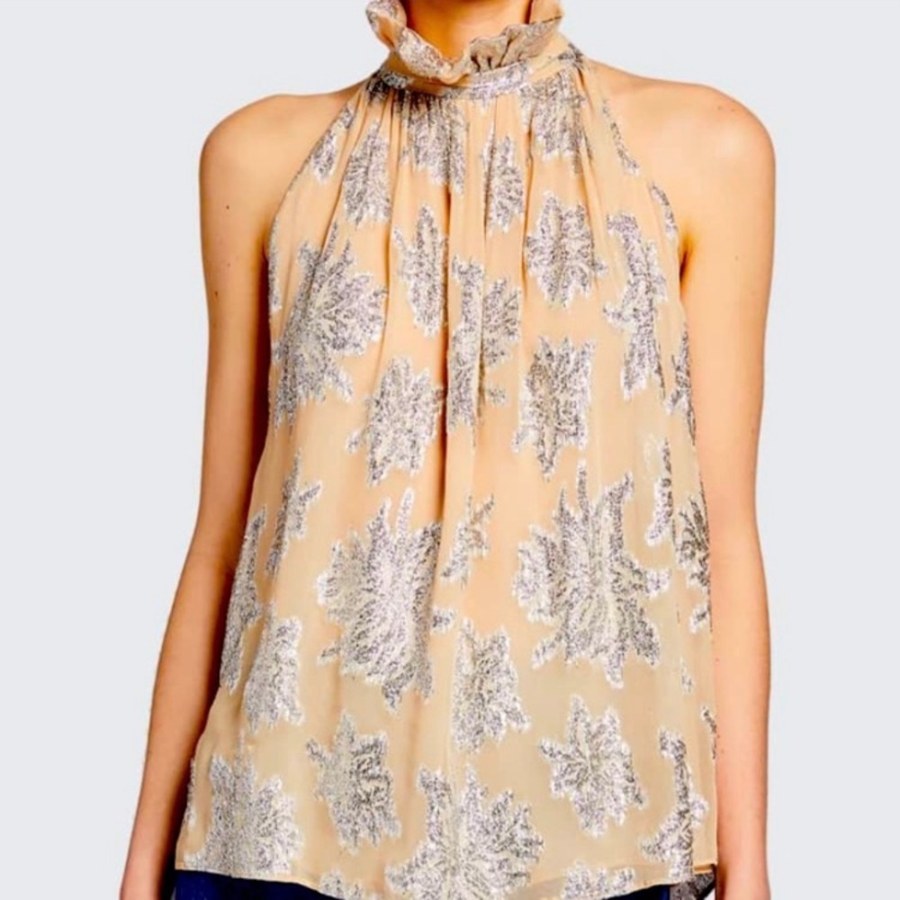 IRO LAZANNA CREAM METALLIC RUFFLE HIGH NECK TANK